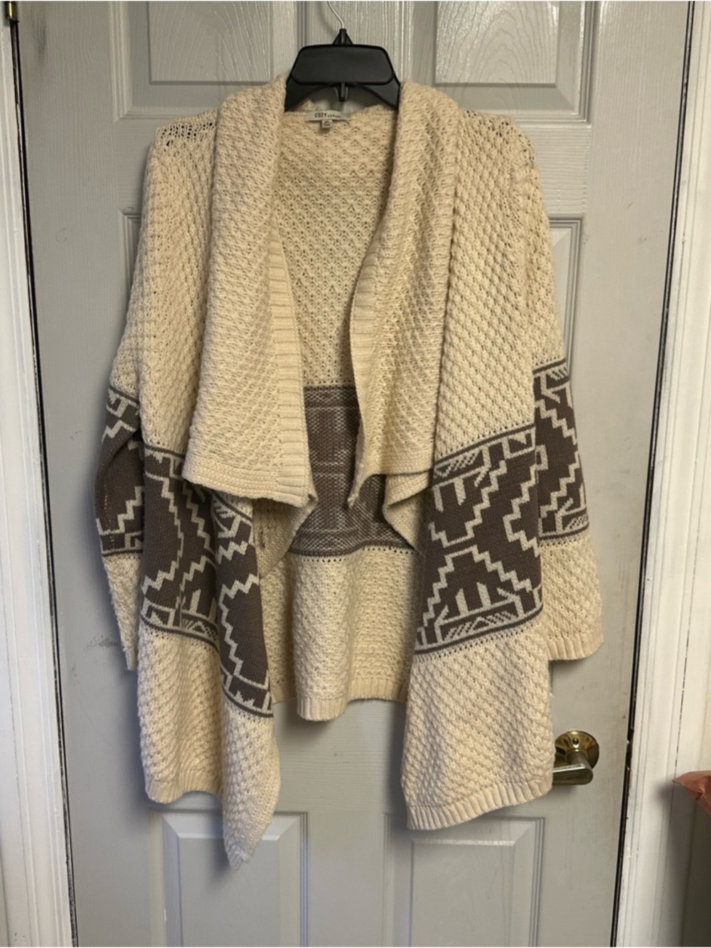 Cozy Casual Cream and Brown Geometric Open-Front Cardigan